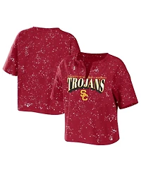 Wear by Erin Andrews Women's Cardinal Usc Trojans Bleach Wash Splatter Cropped Notch Neck T-Shirt