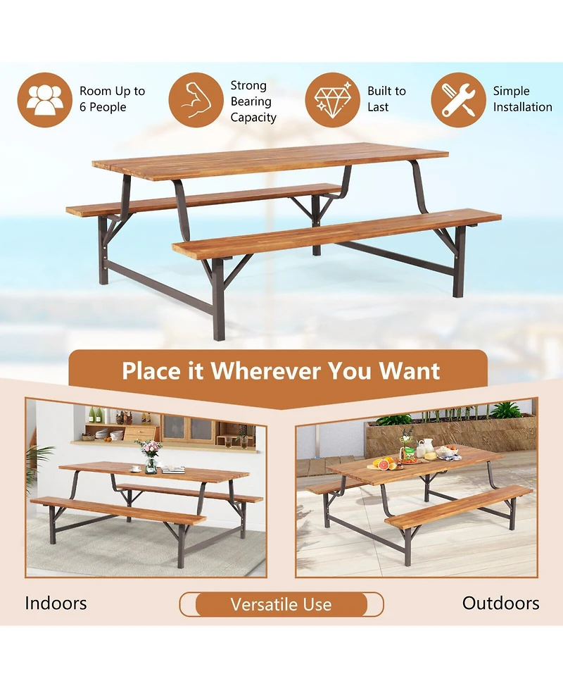 Sugift 6-Person Outdoor Dining Table Picnic Table and Bench Set with 2 Inch Umbrella Hole