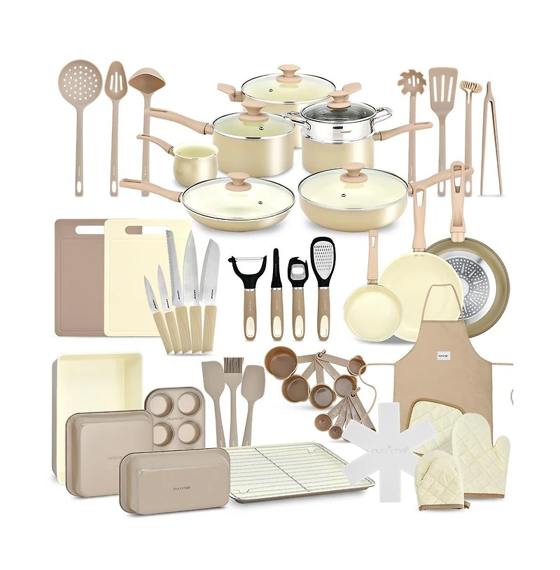 NutriChef 54 Pcs. Home Kitchen Cookware, Kitchen Tools, and Bakeware Set - High-Quality Ceramic Kitchenware Pots and Pans (Taupe Brown)