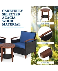 Sugift 3 Pieces Patio Wicker Furniture Set with Washable Cushion and Acacia Wood Tabletop