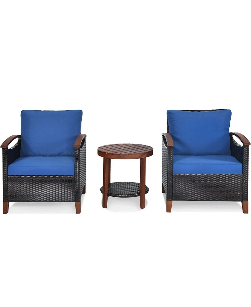 Sugift 3 Pieces Patio Wicker Furniture Set with Washable Cushion and Acacia Wood Tabletop