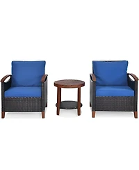 Sugift 3 Pieces Patio Wicker Furniture Set with Washable Cushion and Acacia Wood Tabletop