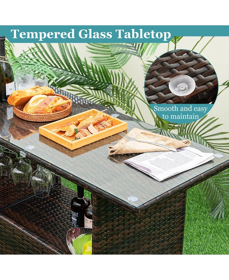 3 Pieces Outdoor Wicker Bar Set with 3 Rows Stemware Racks
