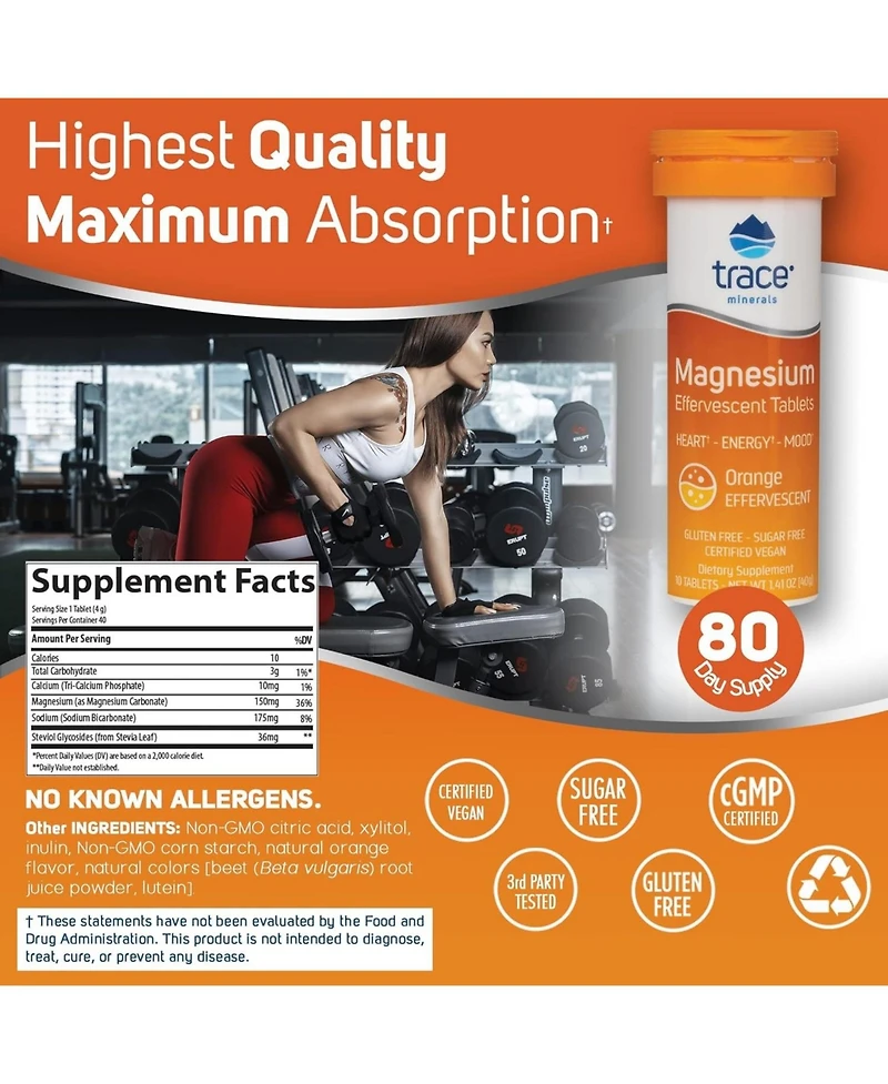 Trace Minerals | Magnesium Effervescent Tablets| No Allergies | Non-gmo, Gluten Free, Sugar-Free, Third Party Tested | Orange | 8 Tubes Contain 10 Tab