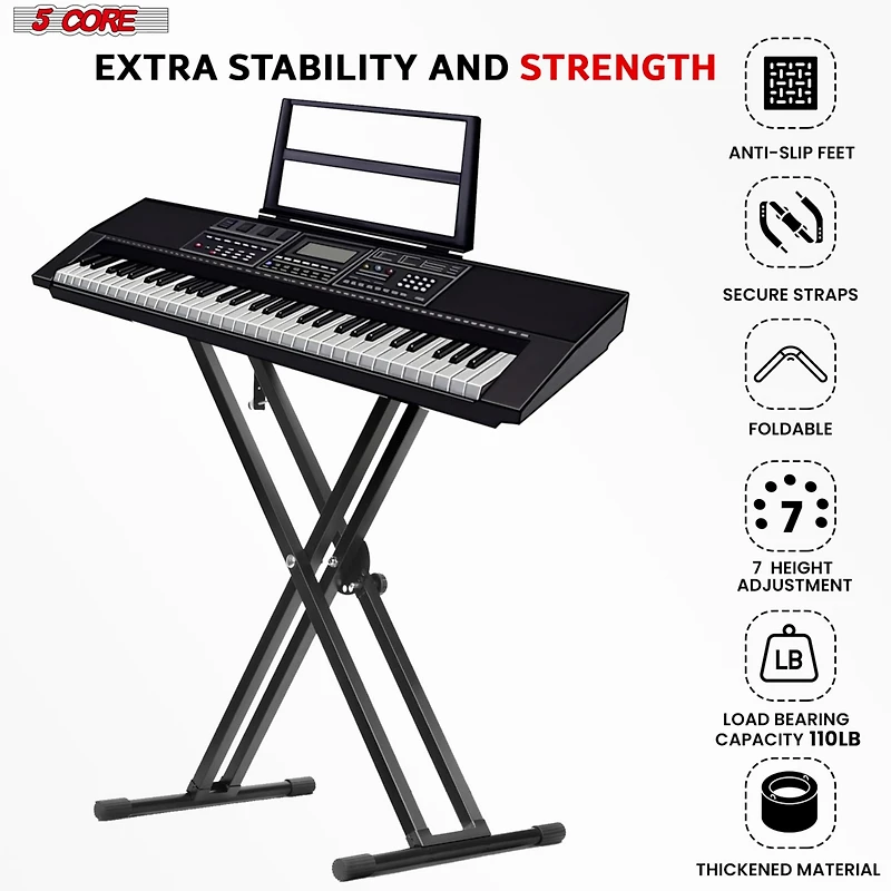 5 Core Keyboard Stand Double X Style Adjustable Piano Riser + Keyboard Piano Bench - Black