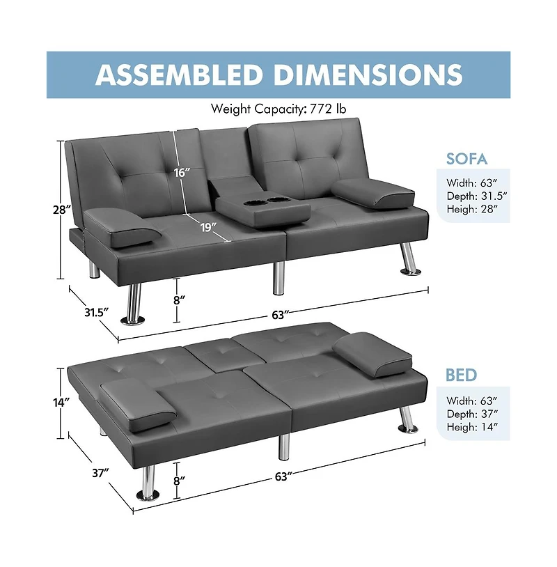 Yaheetech Faux Leather Convertible Futon Sofa Bed with 2 Throw Pillows