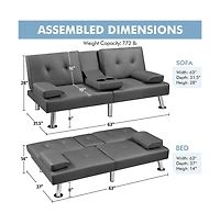 Yaheetech Faux Leather Convertible Futon Sofa Bed with 2 Throw Pillows