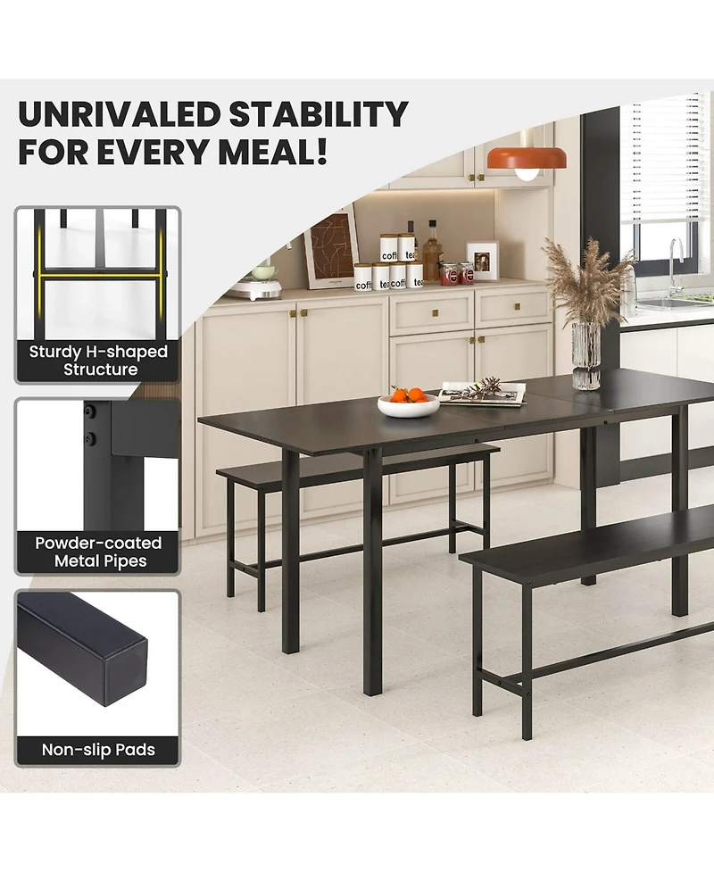 3 Piece Dining Table Set for 4-6 63"Kitchen with 2 Benches Metal Frame