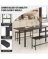 3 Piece Dining Table Set for 4-6 63"Kitchen with 2 Benches Metal Frame