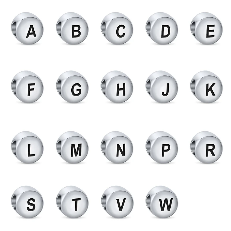 Bling Jewelry Block Round Circle Letter Abc Alphabet Initial Charm Bead .925 Sterling Silver For European Bracelet