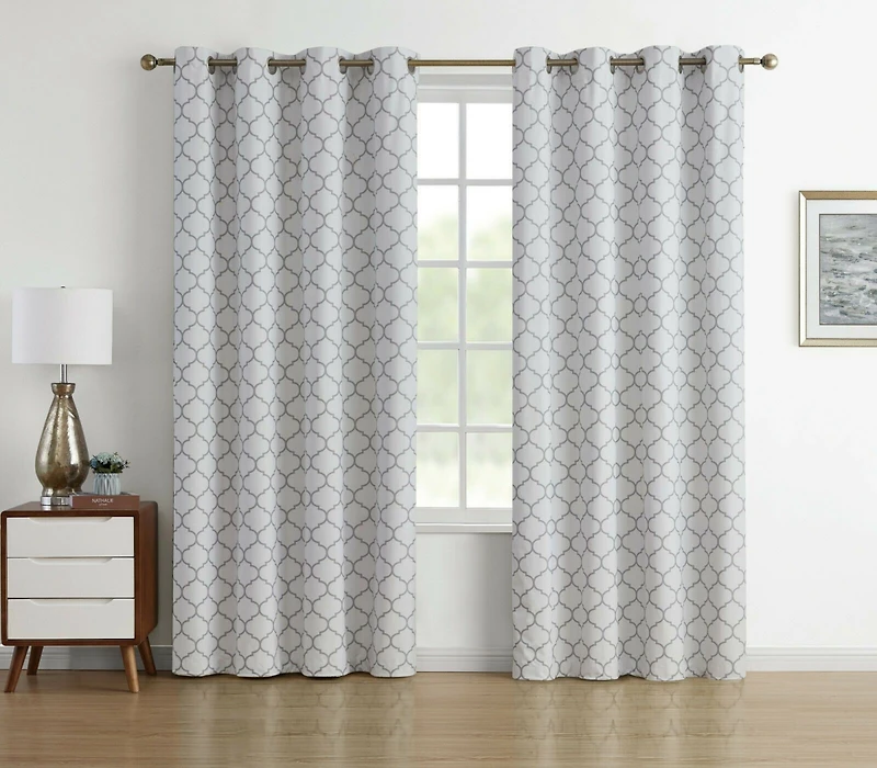Kate Aurora Chic Living 100% Max Blackout Trellis Clover Thermal Curtains - 52 in. W x 63 L, White