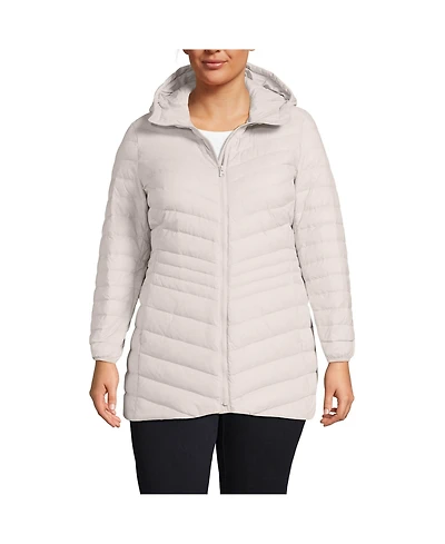Lands' End Plus Wanderweight Packable Down Hooded Long Jacket