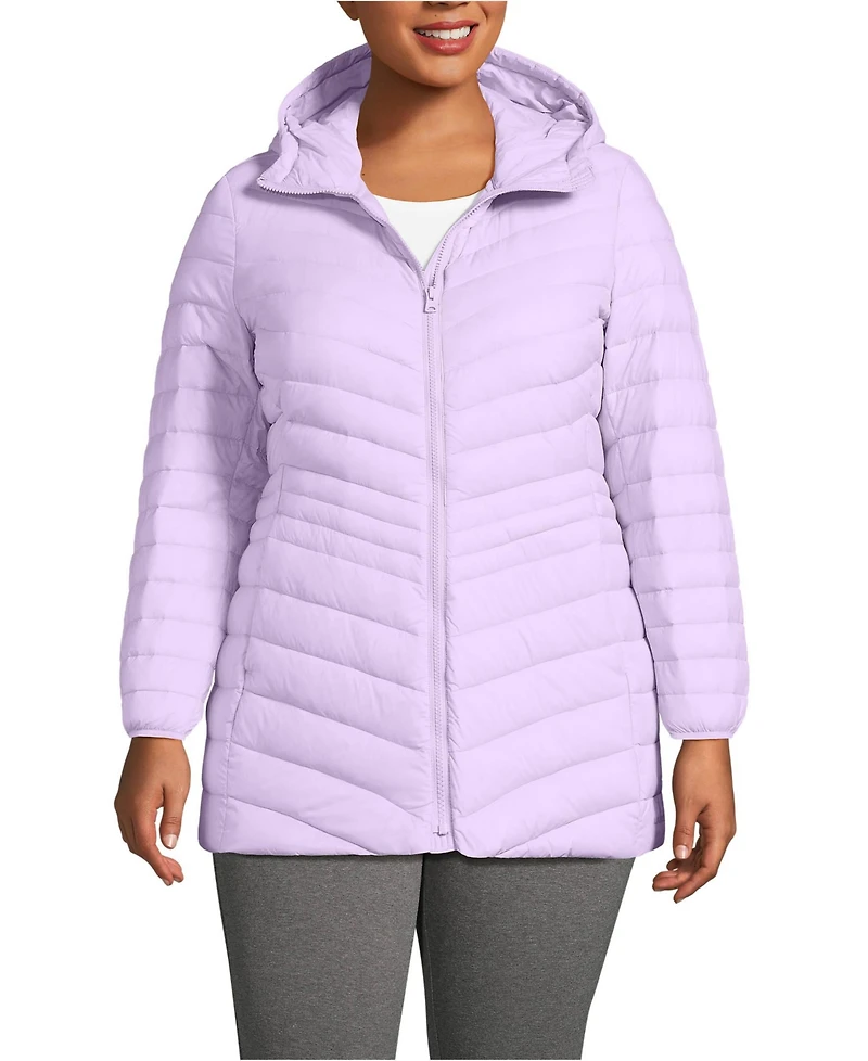 Lands' End Plus Wanderweight Packable Down Hooded Long Jacket