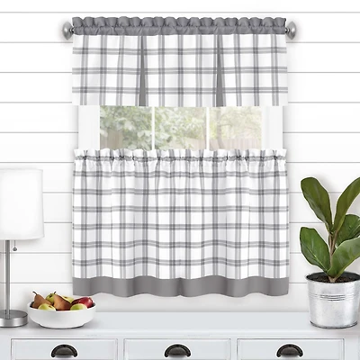 Kate Aurora Windowpane Plaid Country Farmhouse Kitchen Curtain Tier & Valance