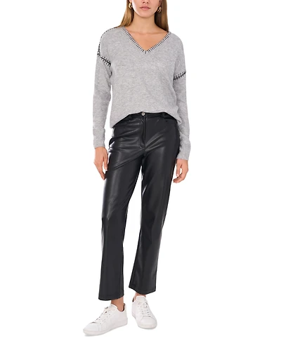 Vince Camuto Women's Whip-Stitch Trim V-Neck Sweater