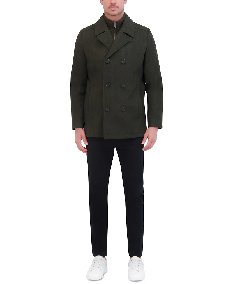 Kenneth Cole Men's Double Breasted Wool Blend Peacoat with Bib