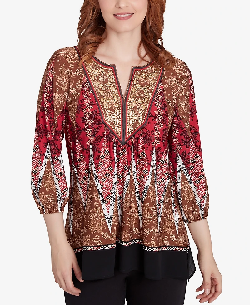 Ruby Rd. Petite Embellished Placket Decorative Border Print Knit Top with Three Quarter Balloon Sleeves