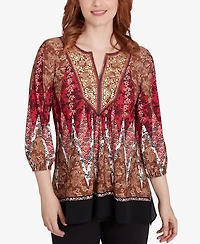 Ruby Rd. Petite Embellished Placket Decorative Border Print Knit Top with Three Quarter Balloon Sleeves