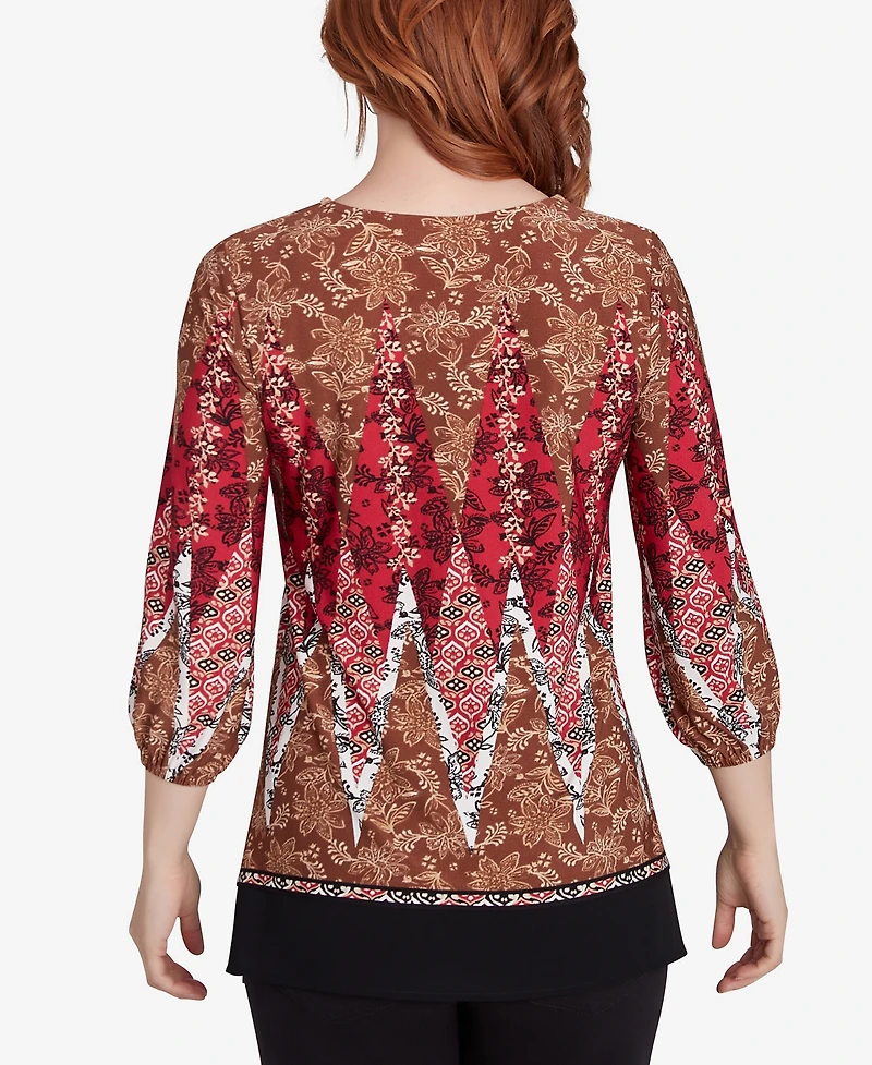 Ruby Rd. Petite Embellished Placket Decorative Border Print Knit Top with Three Quarter Balloon Sleeves