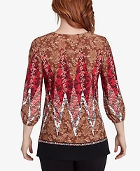 Ruby Rd. Petite Embellished Placket Decorative Border Print Knit Top with Three Quarter Balloon Sleeves