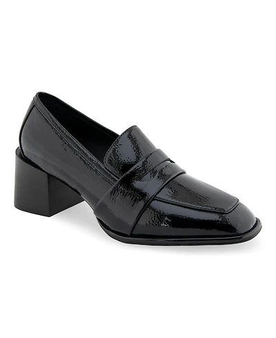 Aerosoles Women's Arnett Block Heel Loafers - Black Patent Crinkled Faux Leather