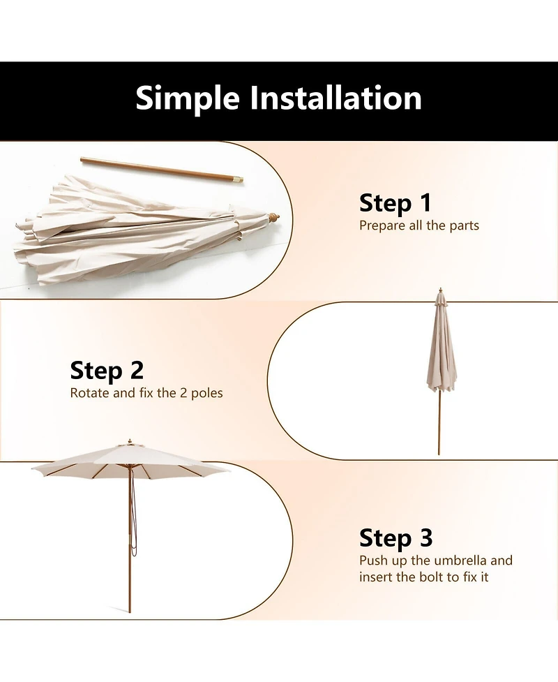 Sugift 10 Feet Patio Umbrella with 8 Wooden Ribs and 3 Adjustable Heights-Beige