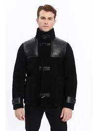 Furniq Uk Men's Leather Shearling Jacket, Black