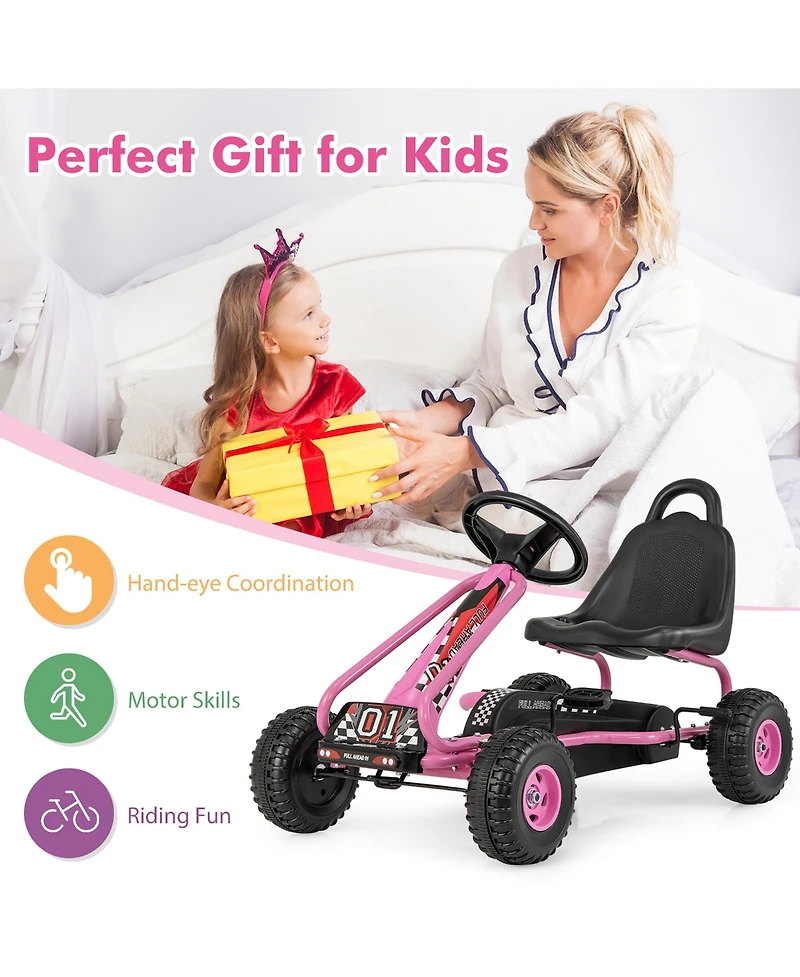 Gymax Kids Pedal Go Kart 4 Wheel Ride On Toys w/ Adjustable Seat Handbrake Red