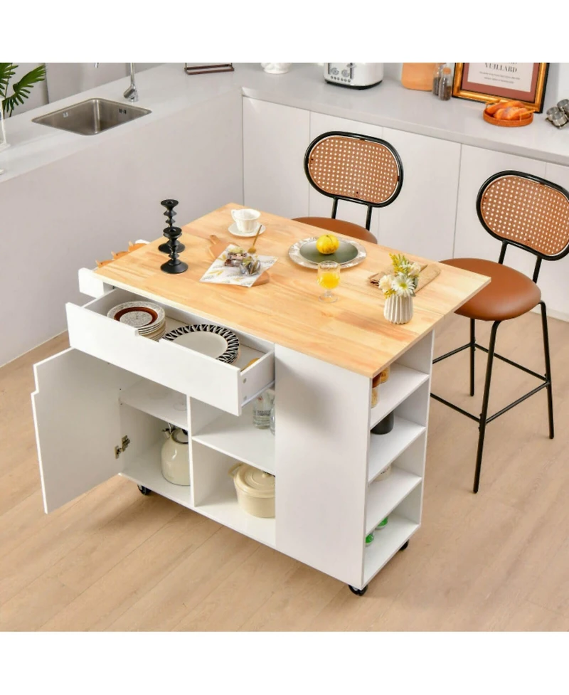 Sugift Drop-Leaf Kitchen Island Cart with Rubber Wood Top