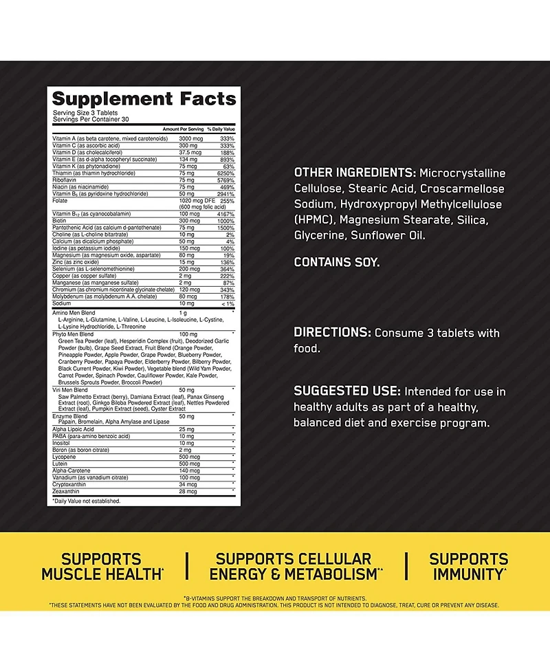 Optimum Nutrition Opti-Men, Vitamin C, Zinc and Vitamin D, E, B12 for Immune Support Mens Daily Multivitamin Supplement, 90 Count