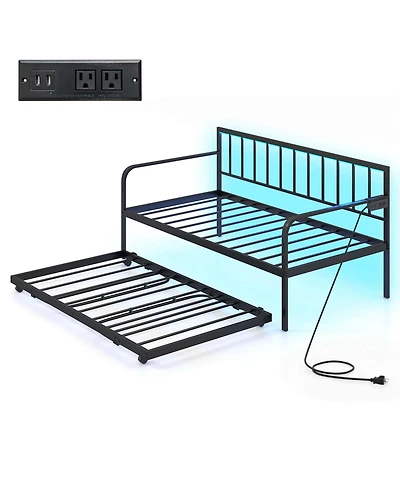 Twin Daybed Adjustable Sofa Bed Frame with Charging Station & Led Lights