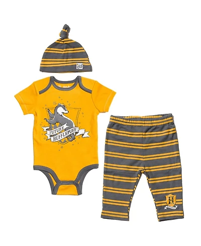 Harry Potter Baby Boys Gryffindor Hufflepuff Ravenclaw Baby Bodysuit Pants and Hat 3 Piece Outfit Set Newborn to