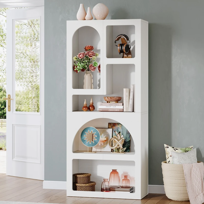 Tribesigns 70" Tall Geometric Bookshelf, White Arched Bookcase with 5 Irregular Storage Shelves, Modern Open Art Decor Display Shelf Free-Standing for