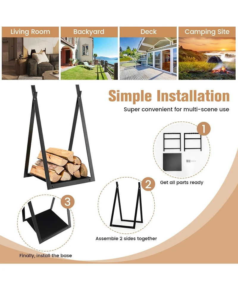 Skonyon Triangle Firewood Rack with Raised Base for Fireplace Fire Pit-Black