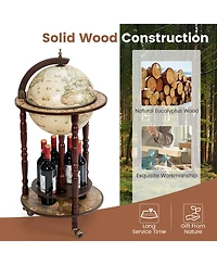 Sugift 17 Inch Italian Style Design Wooden Globe Liquor Bottle Wine Rack with Wheels