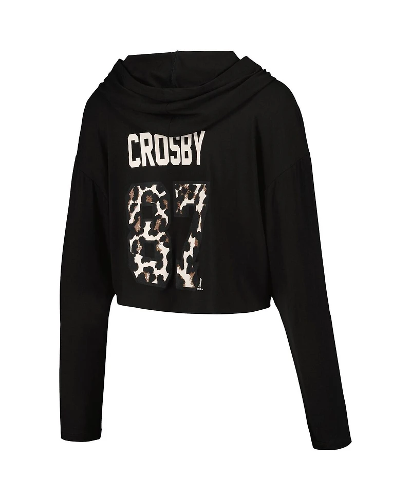 Majestic Women's Sidney Crosby Black Pittsburgh Penguins Leopard Print Name Number Cropped Pullover Hoodie