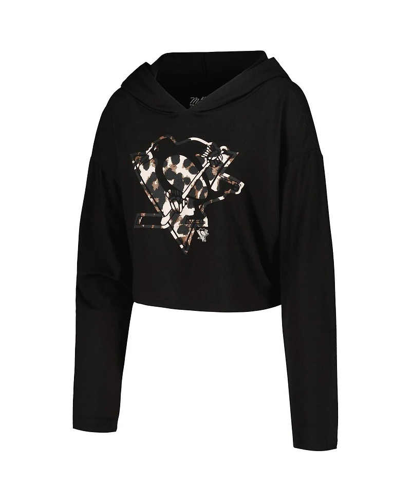 Majestic Women's Sidney Crosby Black Pittsburgh Penguins Leopard Print Name Number Cropped Pullover Hoodie