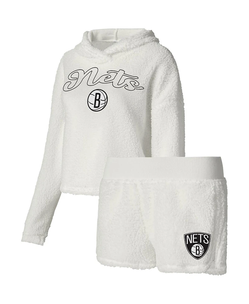 College Concepts Women's Cream Brooklyn Nets Fluffy Long Sleeve Hoodie T-Shirt Shorts Sleep Set