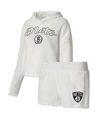 College Concepts Women's Cream Brooklyn Nets Fluffy Long Sleeve Hoodie T-Shirt Shorts Sleep Set