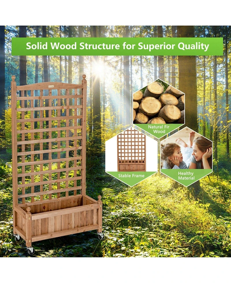 50 Inch Wood Planter Box with Trellis Mobile Raised Bed for Climbing Plant