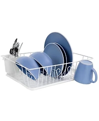 MegaChef 17.5 Inch White Single Level Dish Rack with 14 Plate Positioners and a Detachable Utensil Holder