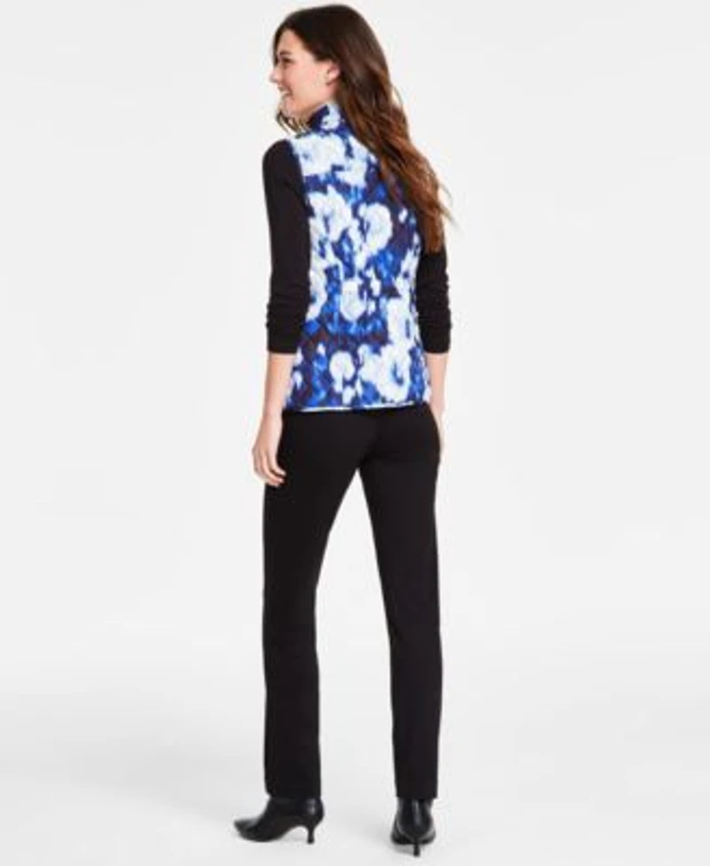 Jones New York Womens Printed Quilted Patch Pocket Vest Long Sleeve Mock Neck Top Lexington Straight Leg Jeans