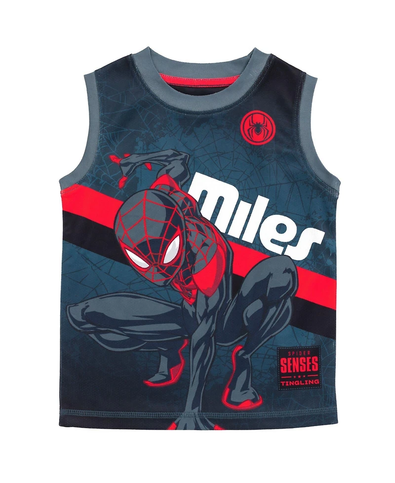 Marvel Toddler Boys Spider-Man Miles Morales Mesh Jersey Tank Top Shirt and Basketball Shorts to