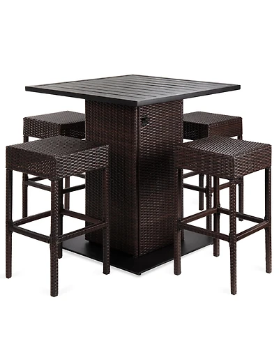 Best Choice Products 5-Piece Patio Wicker Bar Set w/ Built-In Bottle Opener, Hidden Storage Shelf, 4 Stools