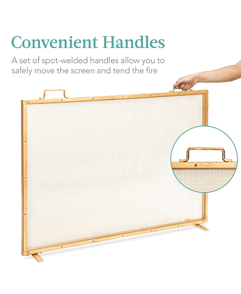 Best Choice Products 38x27in Single Panel Fireplace Screen Handcrafted Steel Mesh Spark Guard w/ Handles