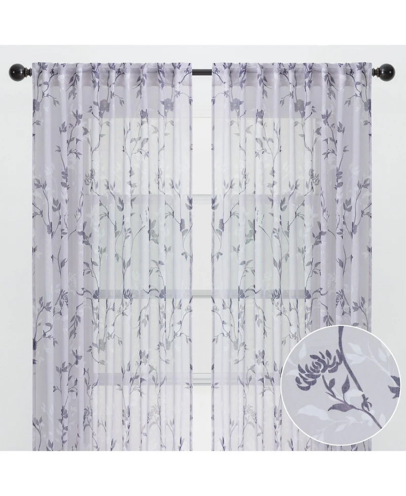 Chanasya Premium 2-Panel Floral Textured Sheer Curtain Panels - 3-in-1 Back Tab, Rod Pocket