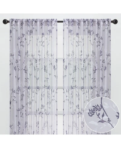 Chanasya Premium 2-Panel Floral Textured Sheer Curtain Panels - 3-in-1 Back Tab, Rod Pocket