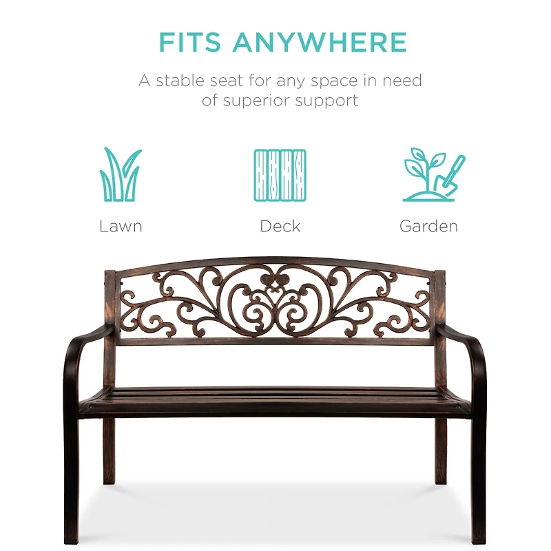 Best Choice Products Outdoor Steel Bench Garden Patio Porch Furniture w/ Floral Design Backrest