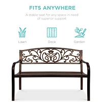 Best Choice Products Outdoor Steel Bench Garden Patio Porch Furniture w/ Floral Design Backrest