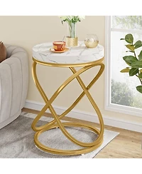 Tribesigns White and Gold Faux Marble Top End Tables Set of 2, Round Nightstands Sofa Side Table with Double X-Shaped Ring Unique Design for Bedroom